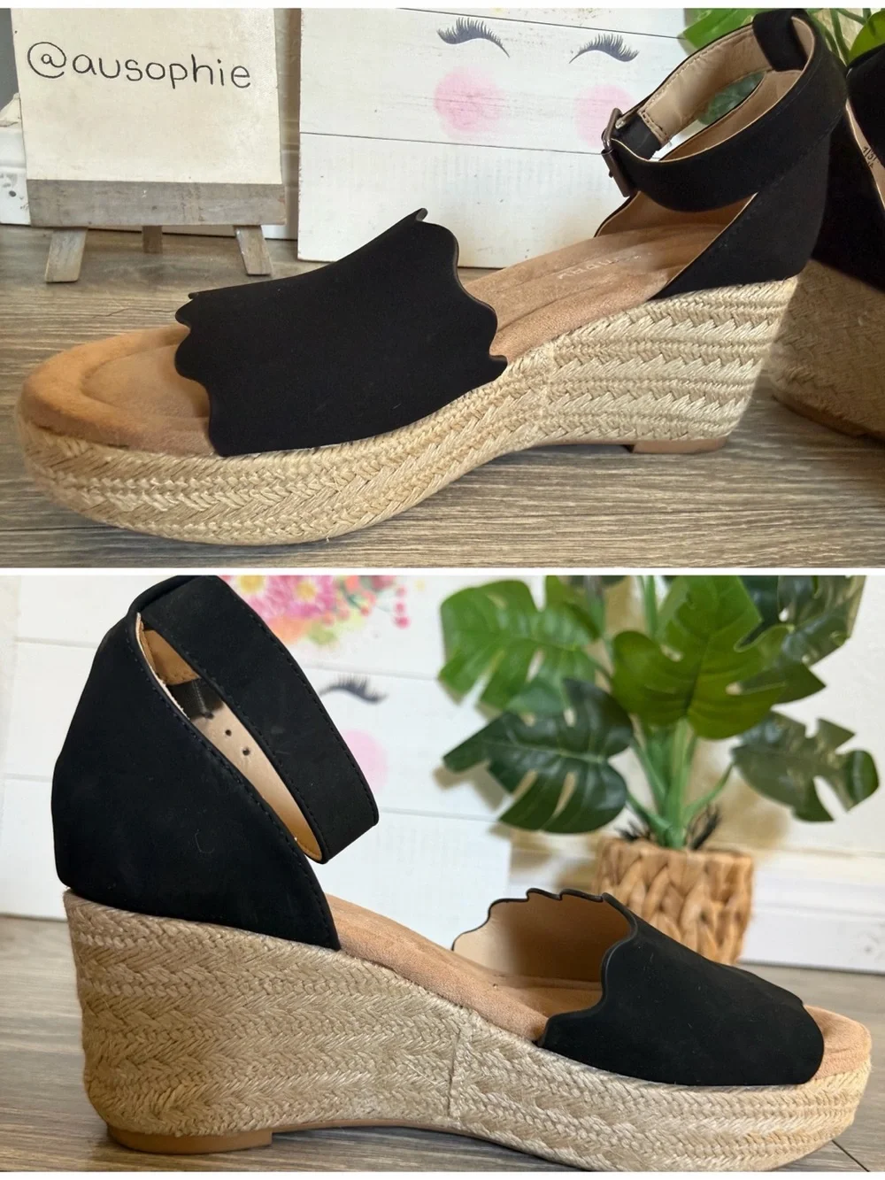 Chinese Laundry Bundle Pair Scallop Strap Wedge Espadrille Sandals Black Beige 7